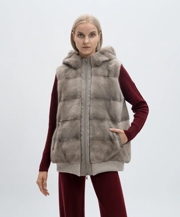 BE FLORENCE BEIGE TWOWAY VEST IN WOOL AND CASHMERE WITH MINK FUR