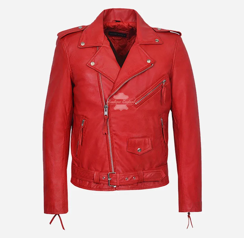 BRANDO BIKER Leather JACKET SLIM FIT Red Leather Moto Fashion JACKET