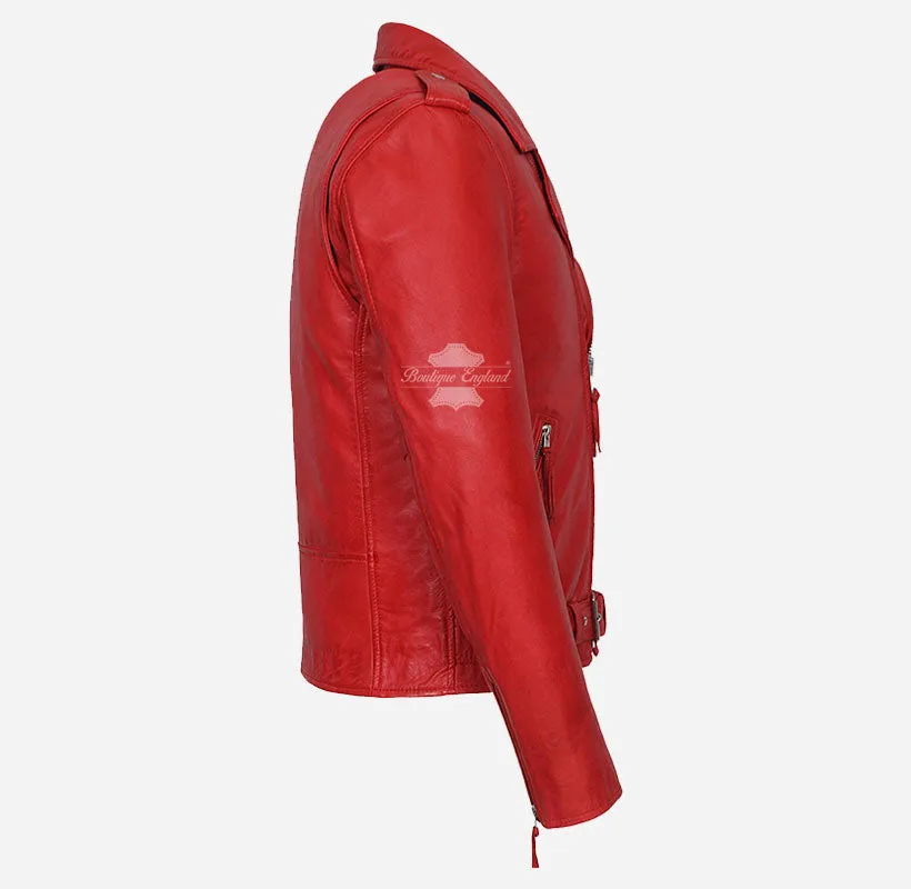 BRANDO BIKER Leather JACKET SLIM FIT Red Leather Moto Fashion JACKET