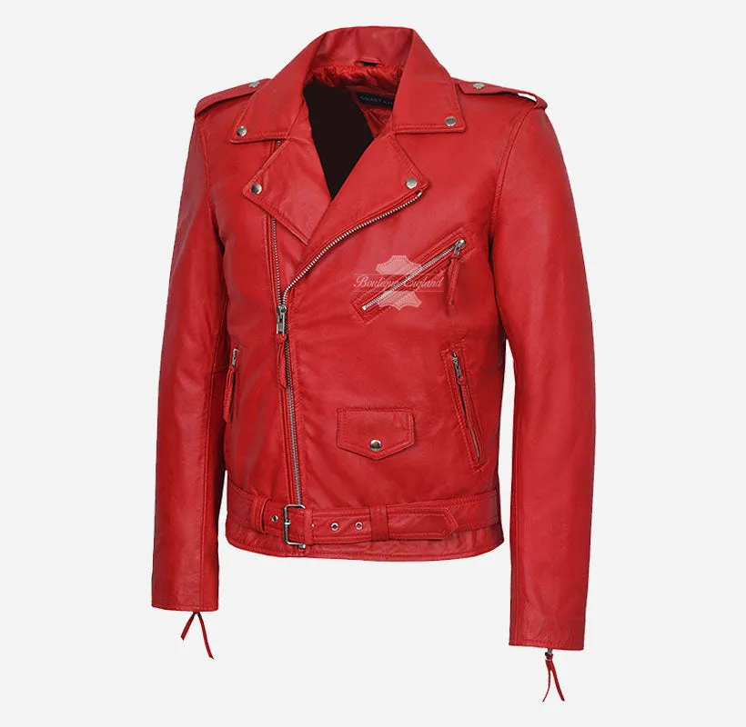 BRANDO BIKER Leather JACKET SLIM FIT Red Leather Moto Fashion JACKET