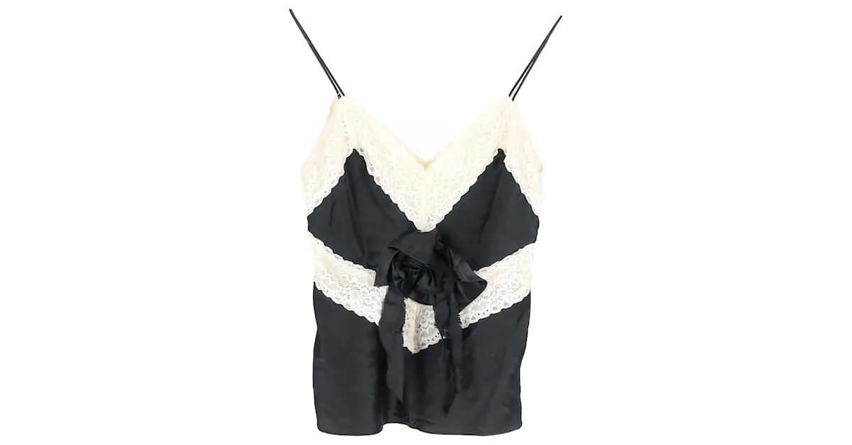Camiseta sin mangas con ribetes de encaje en seda negra de LoveShackFancy Negro 