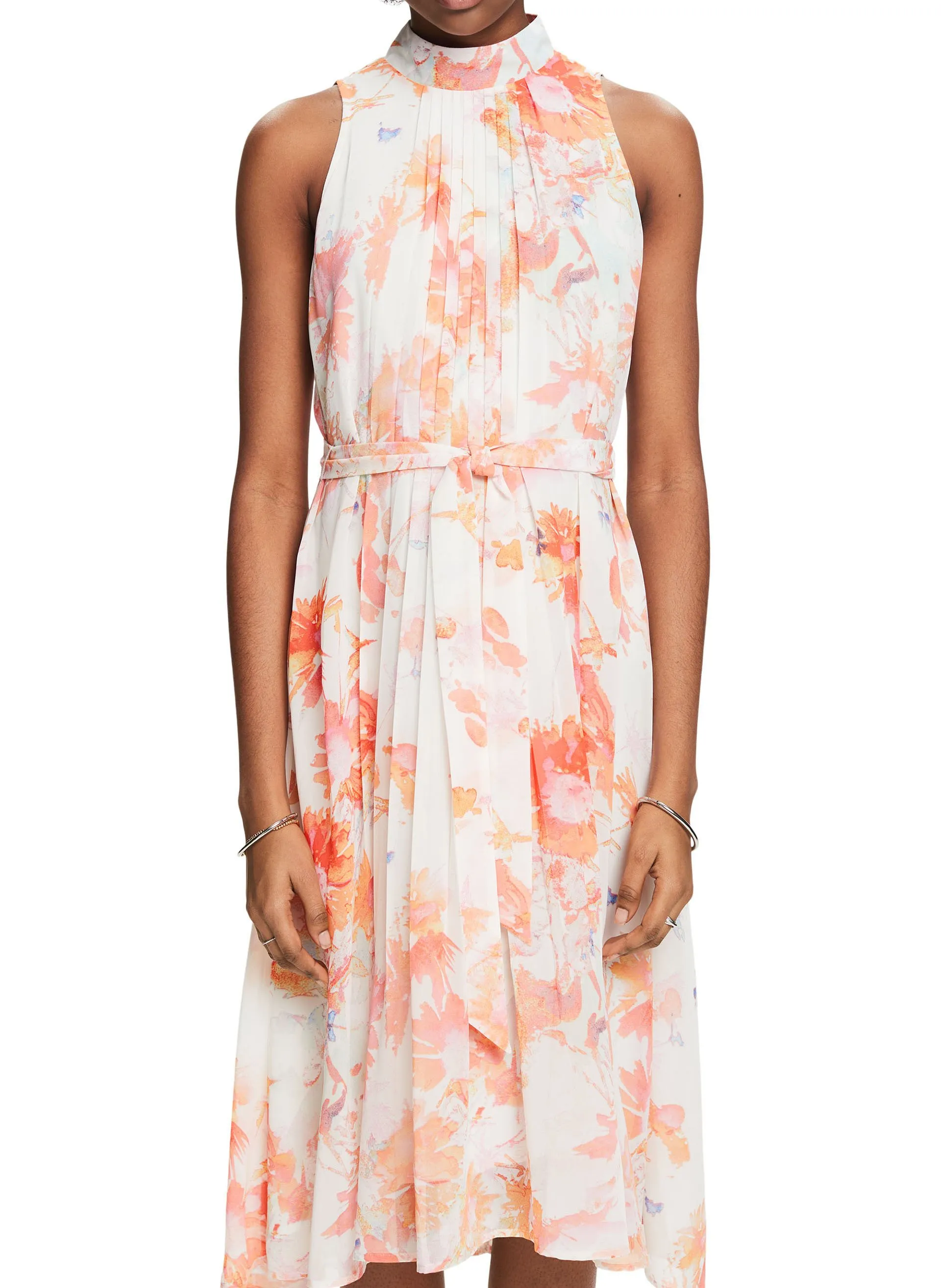 ESPRIT Vestido midi estampado con cuello redondo en blanco