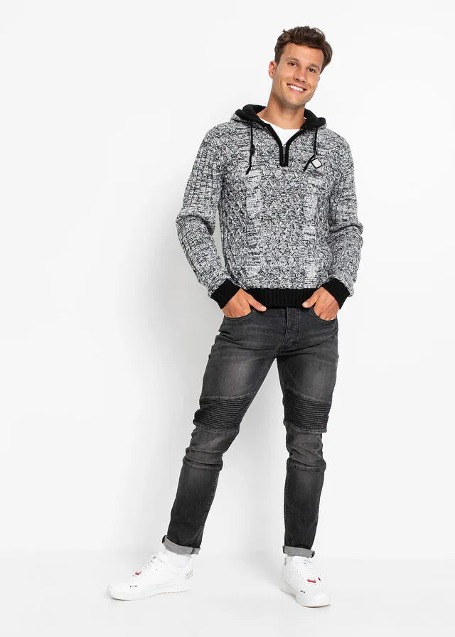 Jersey de capucha de corte ajustado Negro jaspeado