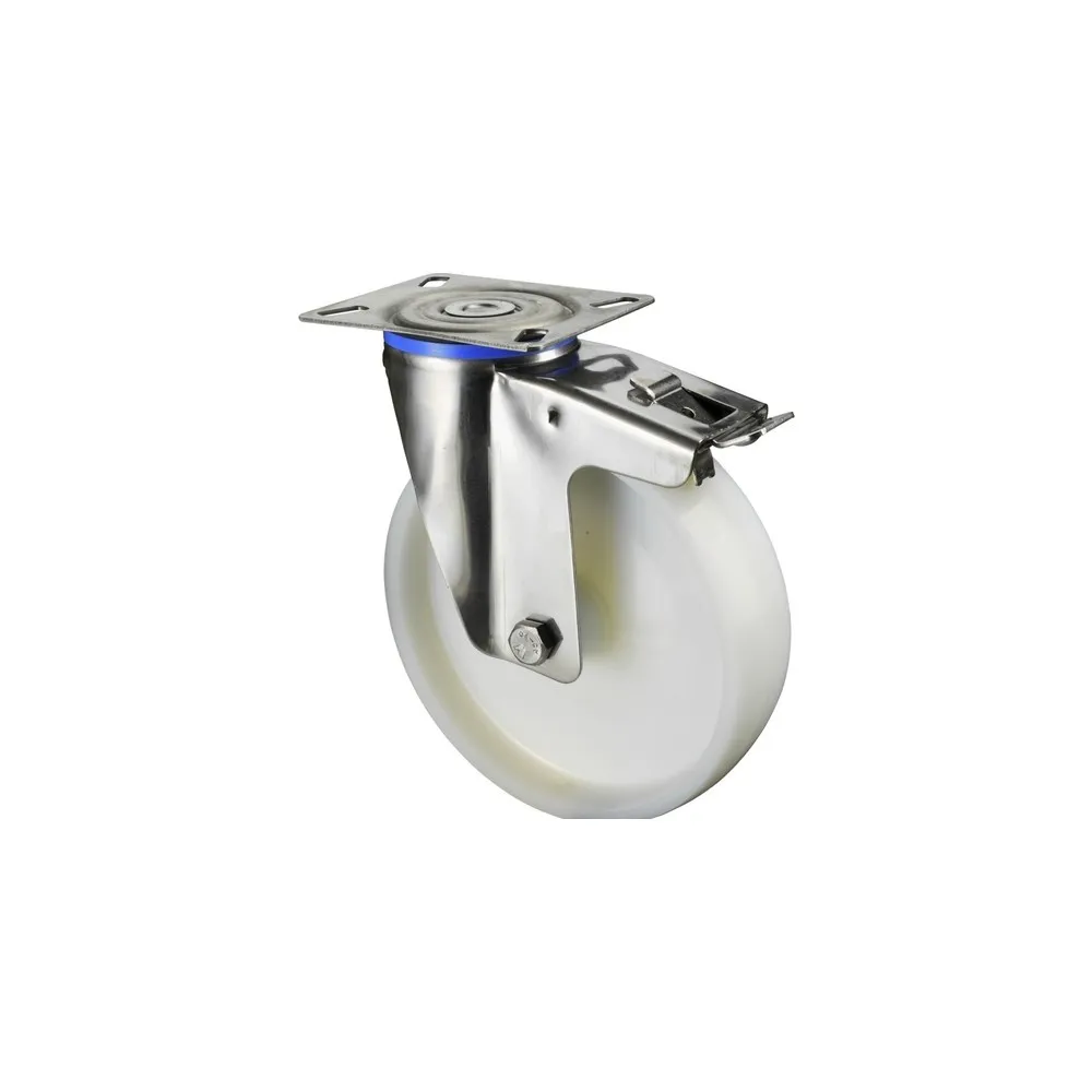 Rueda de transporte de plástico, rueda directriz con bloqueo, cojinete de fricción, pletina, Ø x ancho 100 x 30 mm, CC 130 kg