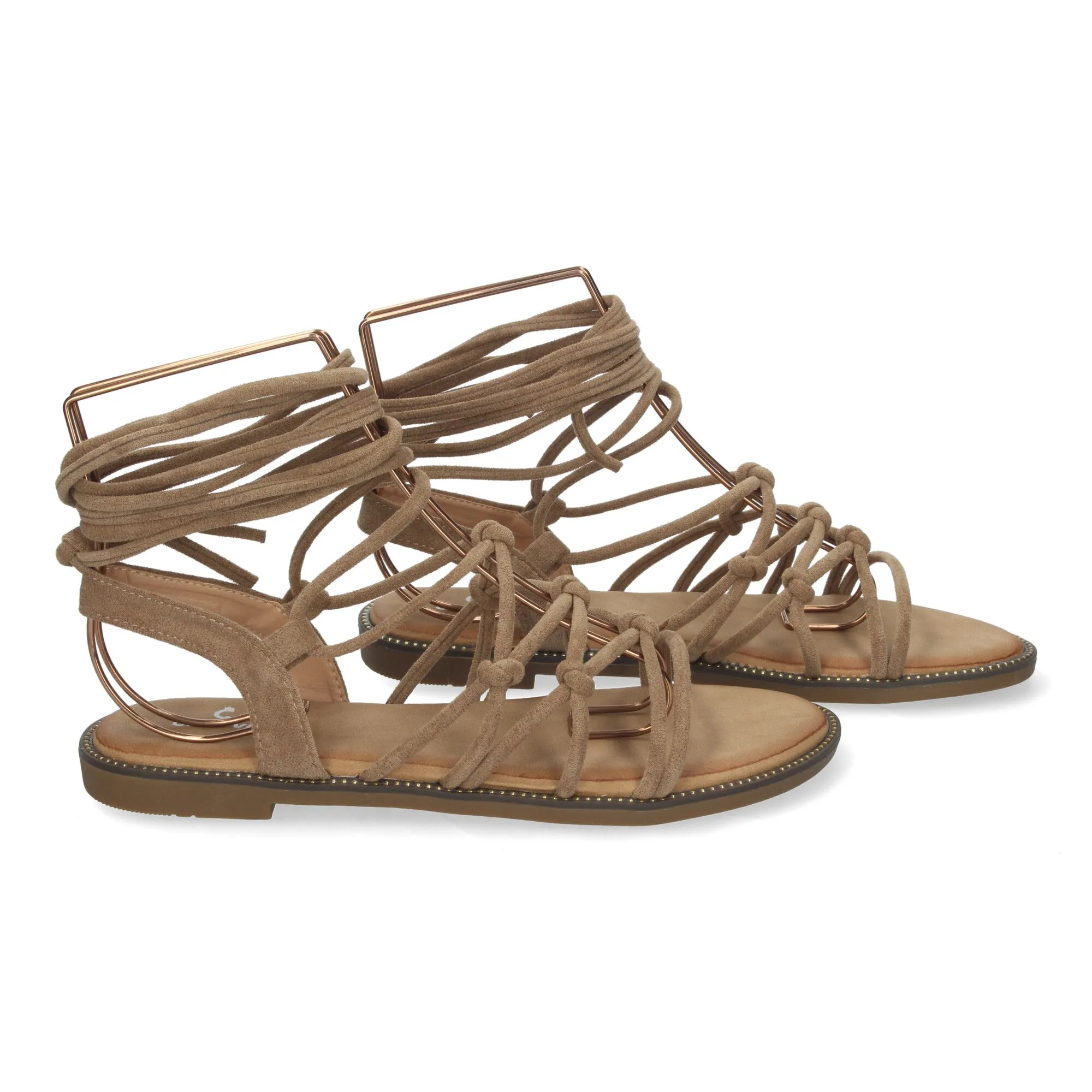 Sandalias planas cómodas lazos trenzados para mujer color caqui TF3107