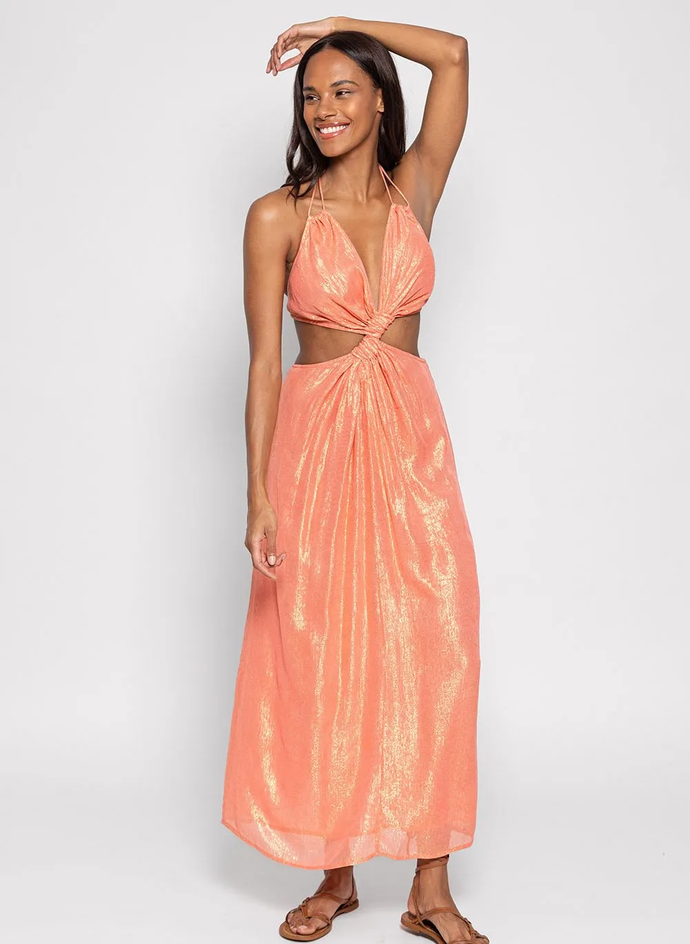 SUNDRESS BETTINA  VESTIDO LARGO RECTO CON CUELLO DE PICO EN NARANJA