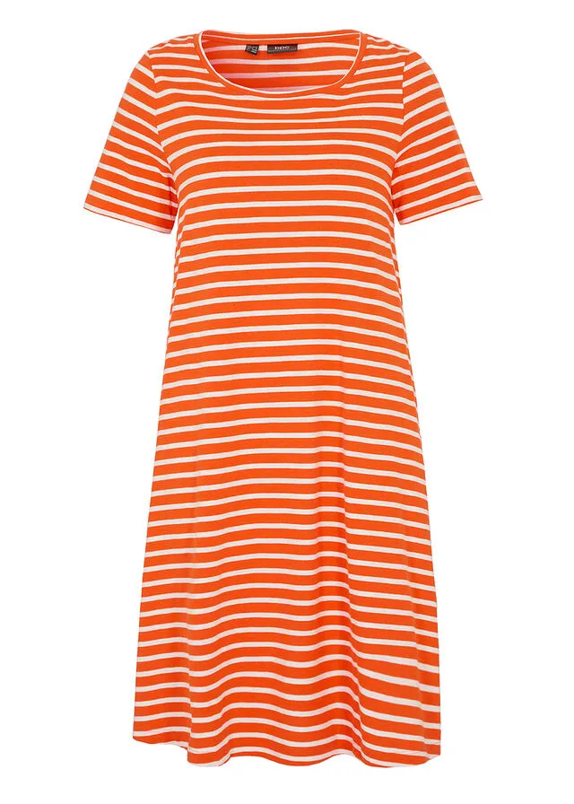 VESTIDO CAMISERO DE HILO FLAMEADO CON BOLSILLOS DE ALGODóN, HASTA LA RODILLA ROJO MANDARINABLANCO LANA DE RAYAS