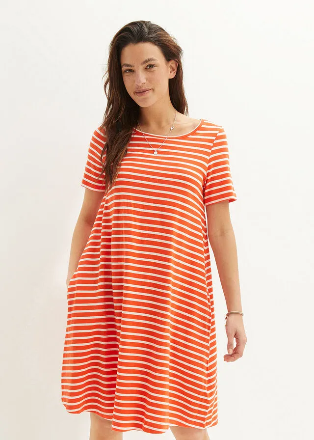 VESTIDO CAMISERO DE HILO FLAMEADO CON BOLSILLOS DE ALGODóN, HASTA LA RODILLA ROJO MANDARINABLANCO LANA DE RAYAS