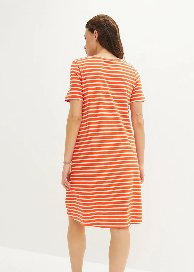 VESTIDO CAMISERO DE HILO FLAMEADO CON BOLSILLOS DE ALGODóN, HASTA LA RODILLA ROJO MANDARINABLANCO LANA DE RAYAS