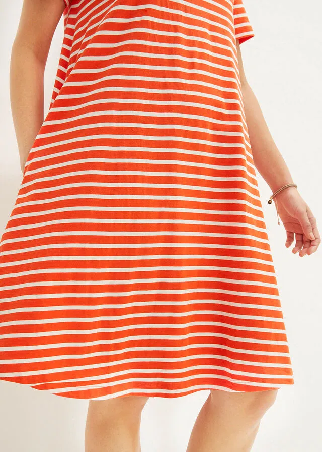 VESTIDO CAMISERO DE HILO FLAMEADO CON BOLSILLOS DE ALGODóN, HASTA LA RODILLA ROJO MANDARINABLANCO LANA DE RAYAS