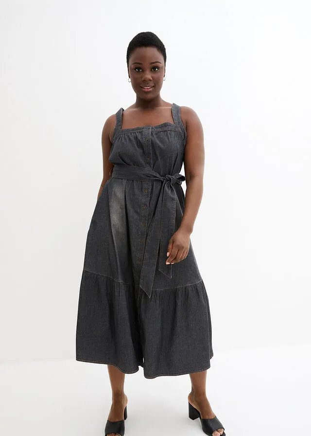 Vestido vaquero veraniego con cinturón Denim negro desgastado