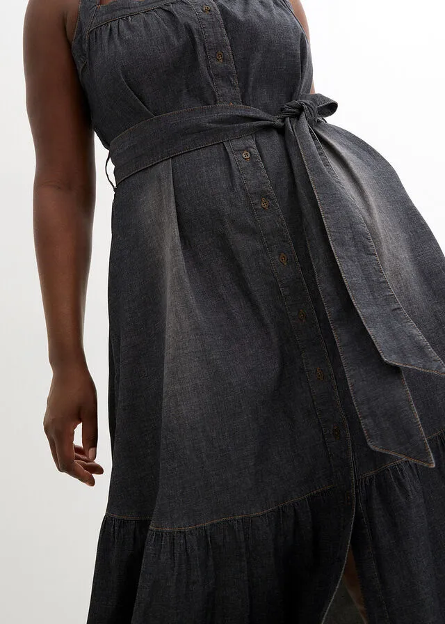 Vestido vaquero veraniego con cinturón Denim negro desgastado