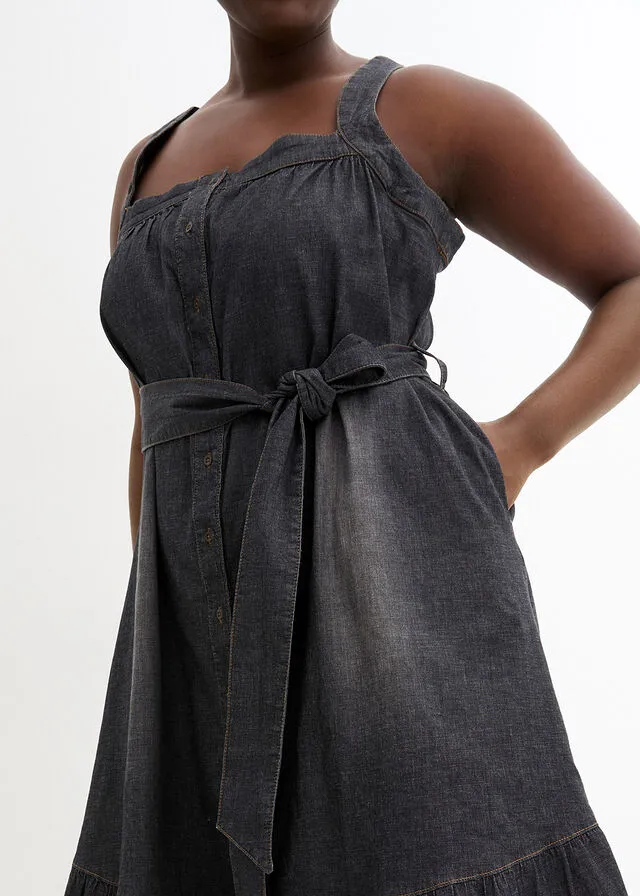 Vestido vaquero veraniego con cinturón Denim negro desgastado