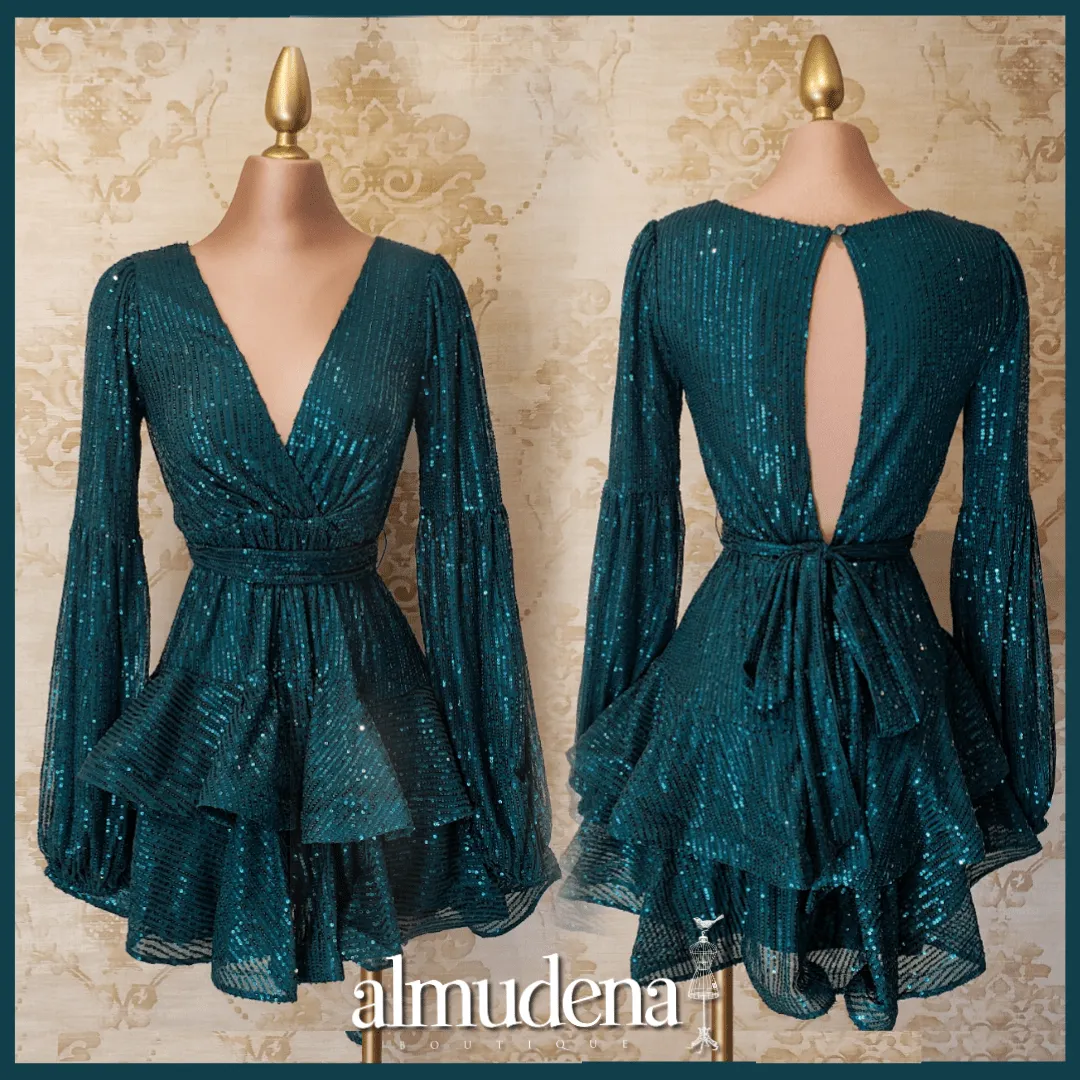Vestido Verde Esmeralda Corto Manga Larga de Fiesta