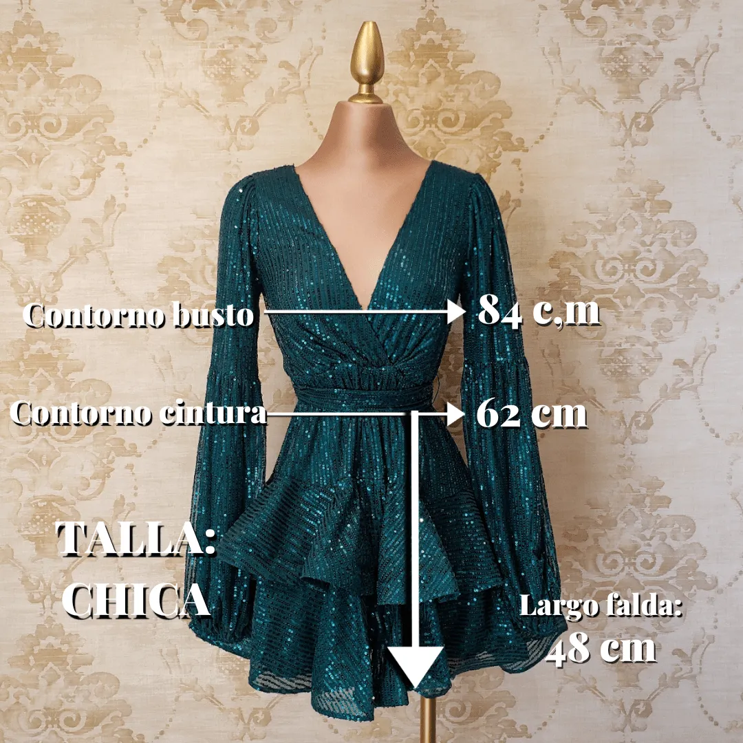 Vestido Verde Esmeralda Corto Manga Larga de Fiesta