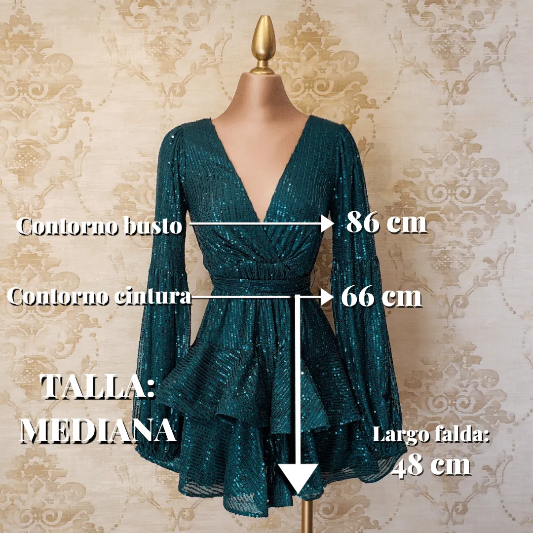 Vestido Verde Esmeralda Corto Manga Larga de Fiesta